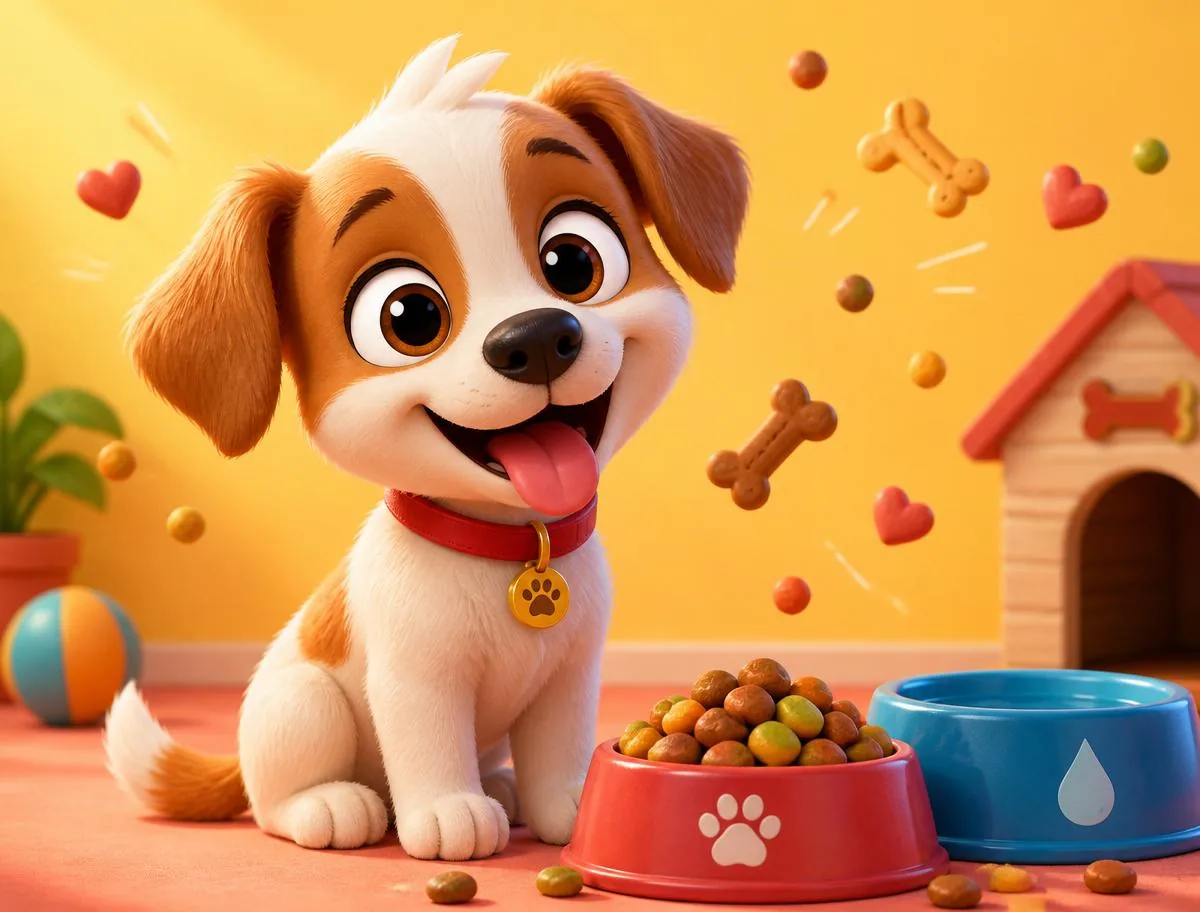 Cute puppy with food bowl