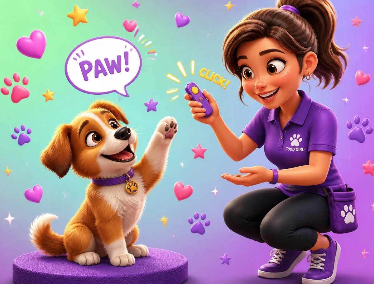 Trainer teaching puppy paw command